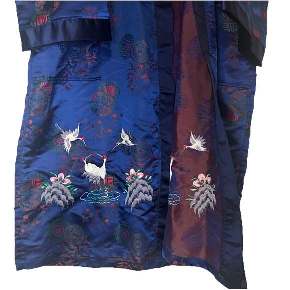 Vintage Silk Blend Chinese Hand Embroidered Kimono Robe Flower Birds Crane Stork - Picture 5 of 9
